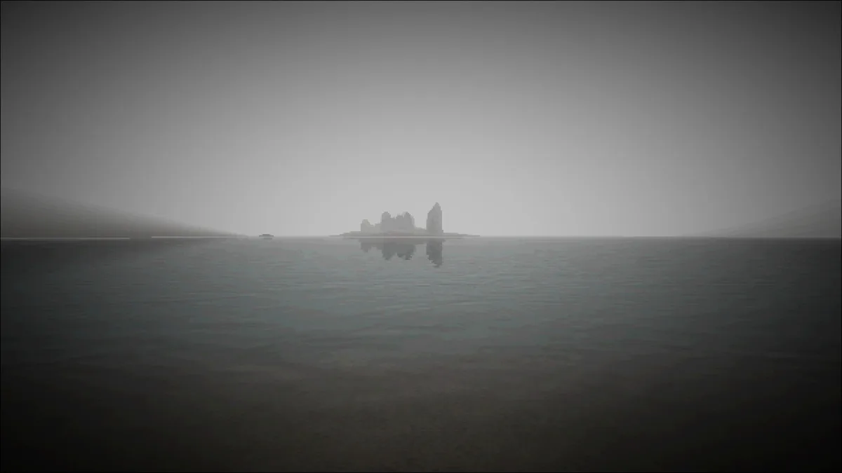 Ante Mortem: a foggy lake with a ruined island on the horizon