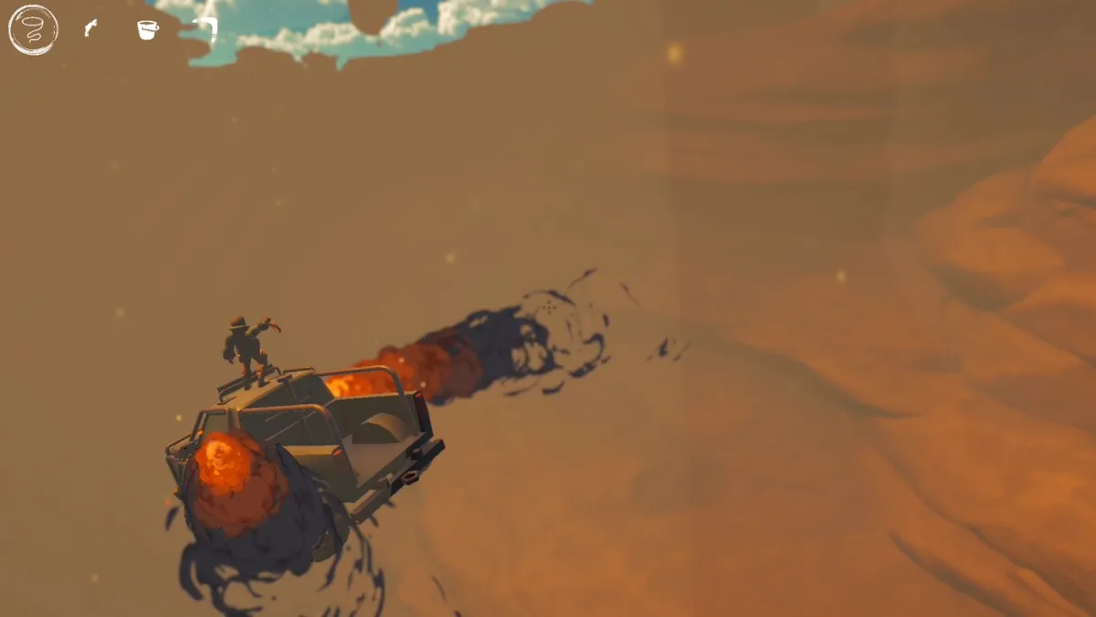 El Dorado: a truck speeding through a desert sandstorm, a character standing on its roof