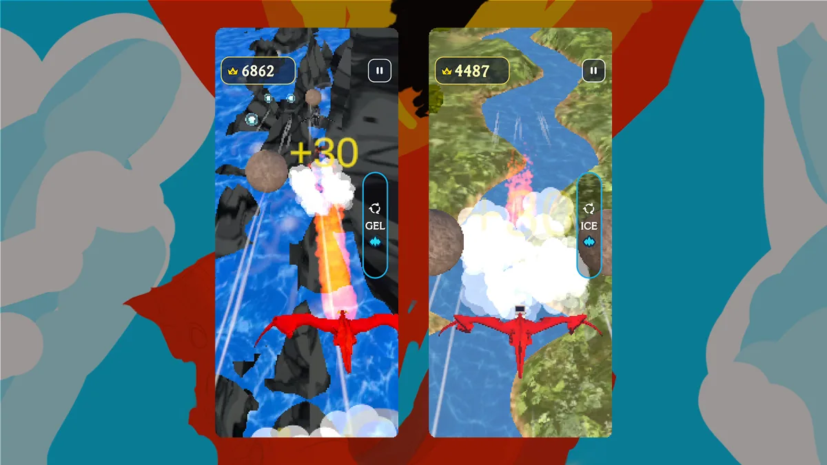 To The Sky: two gameplay screenshots of a red dragon flying over a river and over rocks